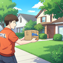 TELC B1.1 Bildbeschreibung: A DHL courier delivering a package