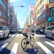 TELC B1.1 Bildbeschreibung: A cyclist crossing a busy intersection
