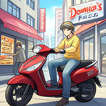 TELC B1.1 Bildbeschreibung: A delivery rider picking up food from Domino’s Pizza