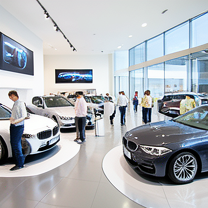 TELC B1.1 Bildbeschreibung: Customers looking at BMW cars in a showroom