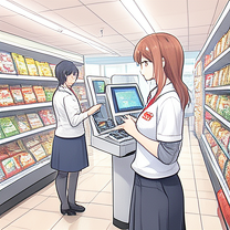 TELC B1.1 Bildbeschreibung: Customers using self-checkout machines