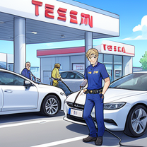 TELC B1.1 Bildbeschreibung: People charging electric cars at Tesla Superchargers