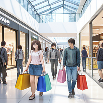 TELC B1.1 Bildbeschreibung: Shoppers carrying bags in a shopping mall