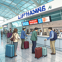 TELC B1.1 Bildbeschreibung: Travelers checking in at Lufthansa counter