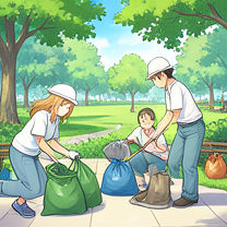TELC B1.1 Bildbeschreibung: Volunteers cleaning up a public park