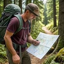TELC B1.2 Bildbeschreibung: Backpackers planning their route on a map