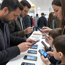TELC B1.2 Bildbeschreibung: Consumers comparing smartphones in MediaMarkt