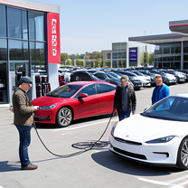 TELC B1.2 Bildbeschreibung: Drivers charging electric vehicles at a Tesla station