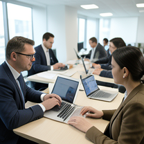 TELC B1.2 Bildbeschreibung: Employees discussing remote work in a modern office