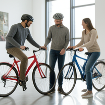 TELC B1.2 Bildbeschreibung: Friends comparing electric bicycles in a showroom