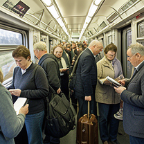 TELC B1.2 Bildbeschreibung: Passengers standing in an overcrowded train