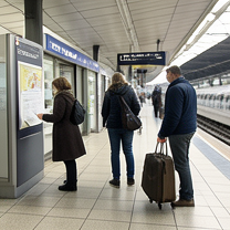 TELC B1.2 Bildbeschreibung: People comparing travel options at a station
