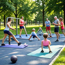 TELC B1.2 Bildbeschreibung: People exercising in an outdoor fitness park