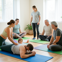 TELC B1.2 Bildbeschreibung: People participating in a yoga class