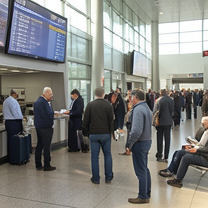 TELC B1.2 Bildbeschreibung: Travelers facing a delayed flight at an airport