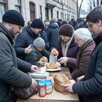 TELC B1.2 Bildbeschreibung: Volunteers distributing food to homeless people